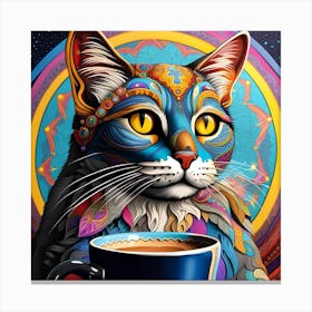 Cat With A Cup Of Coffee Whimsical Psychedelic Bohemian Enlightenment Print 8 Canvas Print