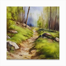 Path In The Woods.A dirt footpath in the forest. Spring season. Wild grasses on both ends of the path. Scattered rocks. Oil colors.29 Canvas Print