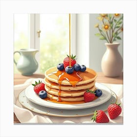 Watercolor Art Of Pancakes With Maple Syrup And Berries On A Cozy Kitchen Table Canvas Print