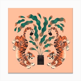 Tiger Twins In Pink Square Canvas Print