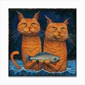 Two Cats Holding A Fish Canvas Print