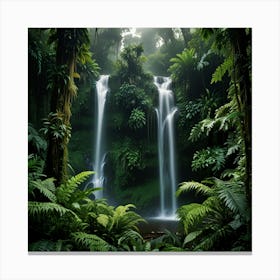 A Lush Rainforest With Towering Trees, Dense Foliage, And A Cascading Waterfall 2 Canvas Print