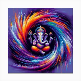 "Spectrum Swirl: Ganesha's Digital Harmony" - This vibrant artwork reimagines Lord Ganesha amidst a digital spectrum swirl, showcasing a stunning fusion of ancient symbolism and modern pixel art. The deity's form emanates from the center of a whirlpool of colors, representing the blending of traditional spirituality with the pulsating energy of the digital age. This piece is perfect for contemporary spaces that embrace a blend of culture and technology, offering a visually rich celebration of Ganesha's role as the remover of obstacles in the path to enlightenment and success. Canvas Print