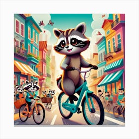 Raccoon On A Bicycle art 3 Canvas Print