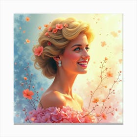 Princess Diana Smiling In A Watercolor Dream Of Colorful Blossoms And Light Canvas Print