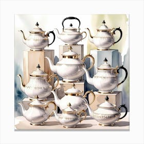 Elegant Watercolor Illustration Of A Collection Of Luxury Teapots, Showcasing Their Exquisite Designs And Intricate Details Canvas Print