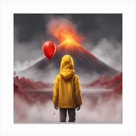 A Boy Wearing A Yellow Rain Coat Holding A Red Ballon Standing In Front Of A Smokey Volcano Digital Art Canvas Print