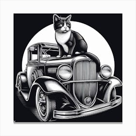 Classic Car and Cat: A Nostalgic and Classic Black and White Photograph of a Classic Car with a Cat on the Hood Canvas Print