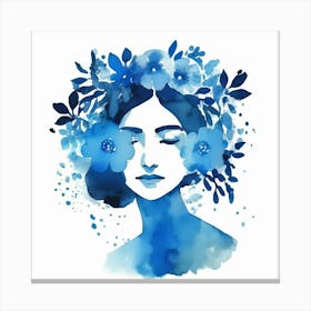 woman portrait with blue watercolour floral head crown  Canvas Print