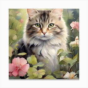 Cat In Flowers Canvas Print