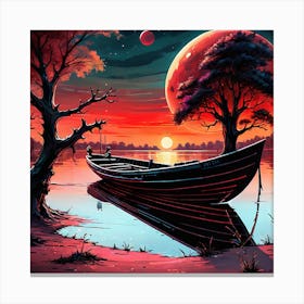 A Landscape Of Dreamsa Black Boatsunsetdark Treesgiant Red Planet In The Backround Sharp F 487718736 Canvas Print