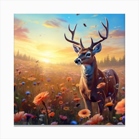 Deer In A Field Of Flowers Canvas Print