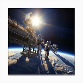 Astronauts Tethered To A Spacecraft Perform A Spacewalk Above Earth Canvas Print
