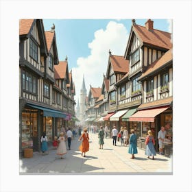 A Bustling English Shopping District With Street Performers, Watercolor 1 Canvas Print