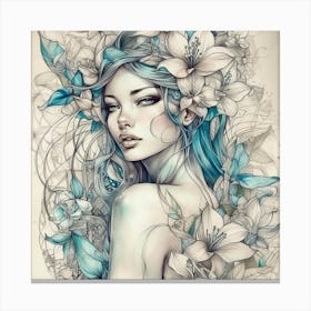 Blue Haired Girl With Flowers Canvas Print