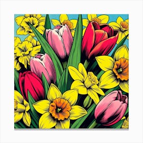 Tulips and Daffodils, pop art 1 Canvas Print