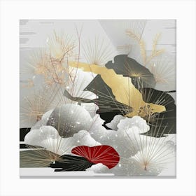 Captivating 8k Wabi Sabi Art: A Fusion of Minimalist Aesthetics and Ukiyo-e Influences – Serene 3D Render Illustration in Silver, Gold, White, Crimson Red, Black, and Gray Tones. Canvas Print