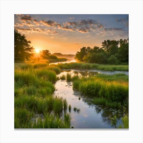 Sunrise Over A River Landscape and Natural art Canvas Print