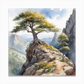 Watercolor Of A Lone Tree In The Mountains Canvas Print