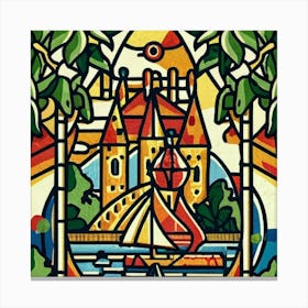 Image of medieval stained glass windows of a sunset at sea 12 Canvas Print