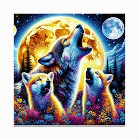 Howling Wolf Family in Moon Canvas Print