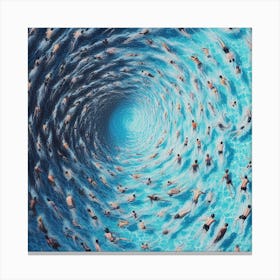Swimming Pool - A group of people swimming in a pool, but the water is not clear and blue, it is a swirling vortex of colors and shapes. The swimmers themselves are distorted and elongated, as if they are being pulled into the vortex. The scene is captured from a bird\'s-eye view, giving the viewer a sense of scale and perspective. Canvas Print