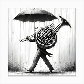 A Musical Instrument Holding An Umbrella In The Rain, Ink Drawing 4 Canvas Print