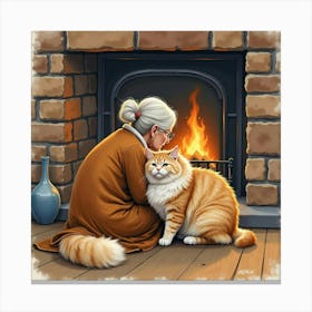 A Fluffy Persian Cat Cuddling With An Elderly Woman By A Fireplace, Watercolor Canvas Print