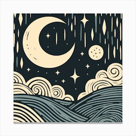 Linocut, Scandinavian Style, Night Sky with Crescent Moon 4 Canvas Print