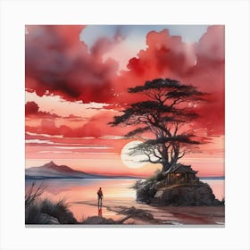 Red Watercolor sunset Canvas Print