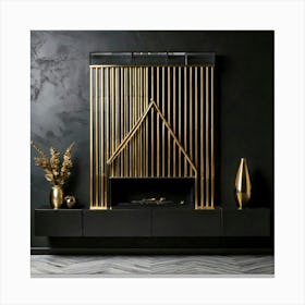 Firefly Bold, Geometric, Fireplace, Design, Polished, Black, Brass, Accents, Narrow, Shelves, Minima (11) Canvas Print