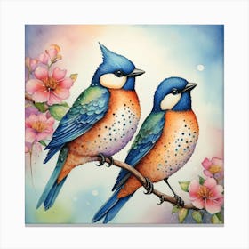 Two Birds Perched On A Branch Canvas Print