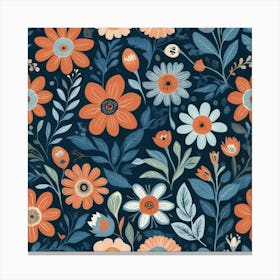 Folk Flowers Blue Art Print 0 Canvas Print