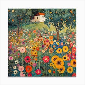 Blooming Landscape with House. Gustav Klimt Style Canvas Print