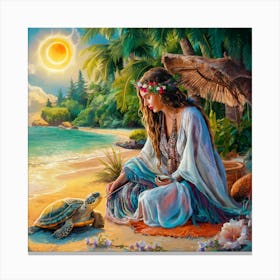 Hawaiian Girl With Turtle Canvas Print