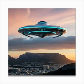 A Futuristic Silver And Neolith Alien Spaceship Over Table Mountain Canvas Print