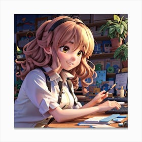 Anime Girl Working At Desk Canvas Print