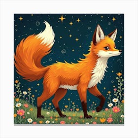 A Whimsical Fox With A Tail Of Swirling Star Patterns Prowling Through A Cosmic Meadow 1 Canvas Print