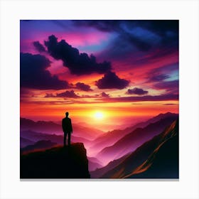 Man On Top Of Mountain At Sunset Canvas Print