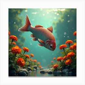 Salmon Jumping Near Marigolds 1 Canvas Print