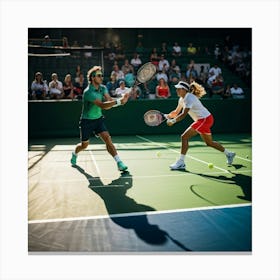 Tennis Match Captured In Mid Action Players Frozen Mid Swing With Rackets Poised To Strike Sunligh (5) Canvas Print