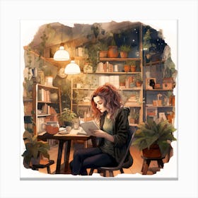 Girl Reading In Cosy Plant Filled Bookshop Watercolour Canvas Print