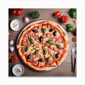 Pizza On Wooden Table Canvas Print