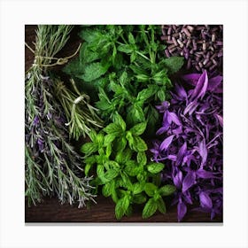 Herb Bouquet On A Wooden Table Canvas Print