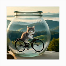 A Serene And Cinematic Photograph Of A Adorable Grey Cat On A Bike In A Glass Jar 2 Canvas Print