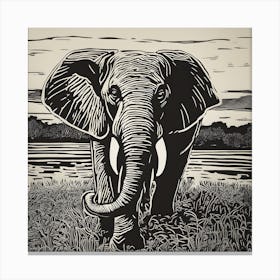 Elephant In The Grass Linocut Canvas Print