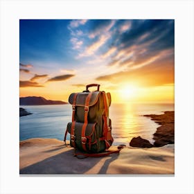 Backpack On The Cliff At Sunset Canvas Print