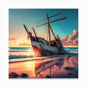 Beach Scene Sailing Ship Wreck In Foreground Canvas Print