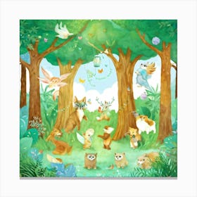 Illustration Depicting Playful Magical Fluffy Creatures Clustered Together In The Heart Of An Ench Canvas Print