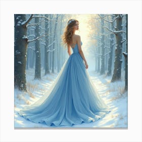 Beautiful Woman In Watercolor Gown, Scenic Winter Forest 1 Canvas Print